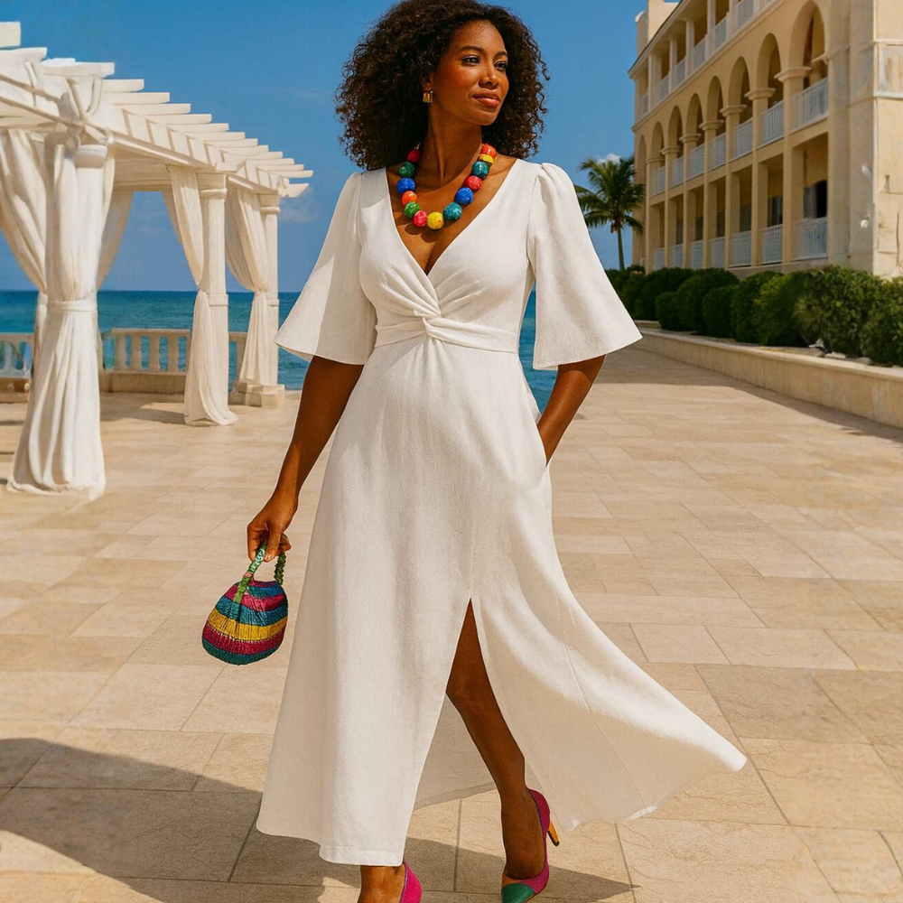 Woman wearing a white linen dress with flutter sleeves and front slit, walking by a seaside terrace with bright accessories and heels.