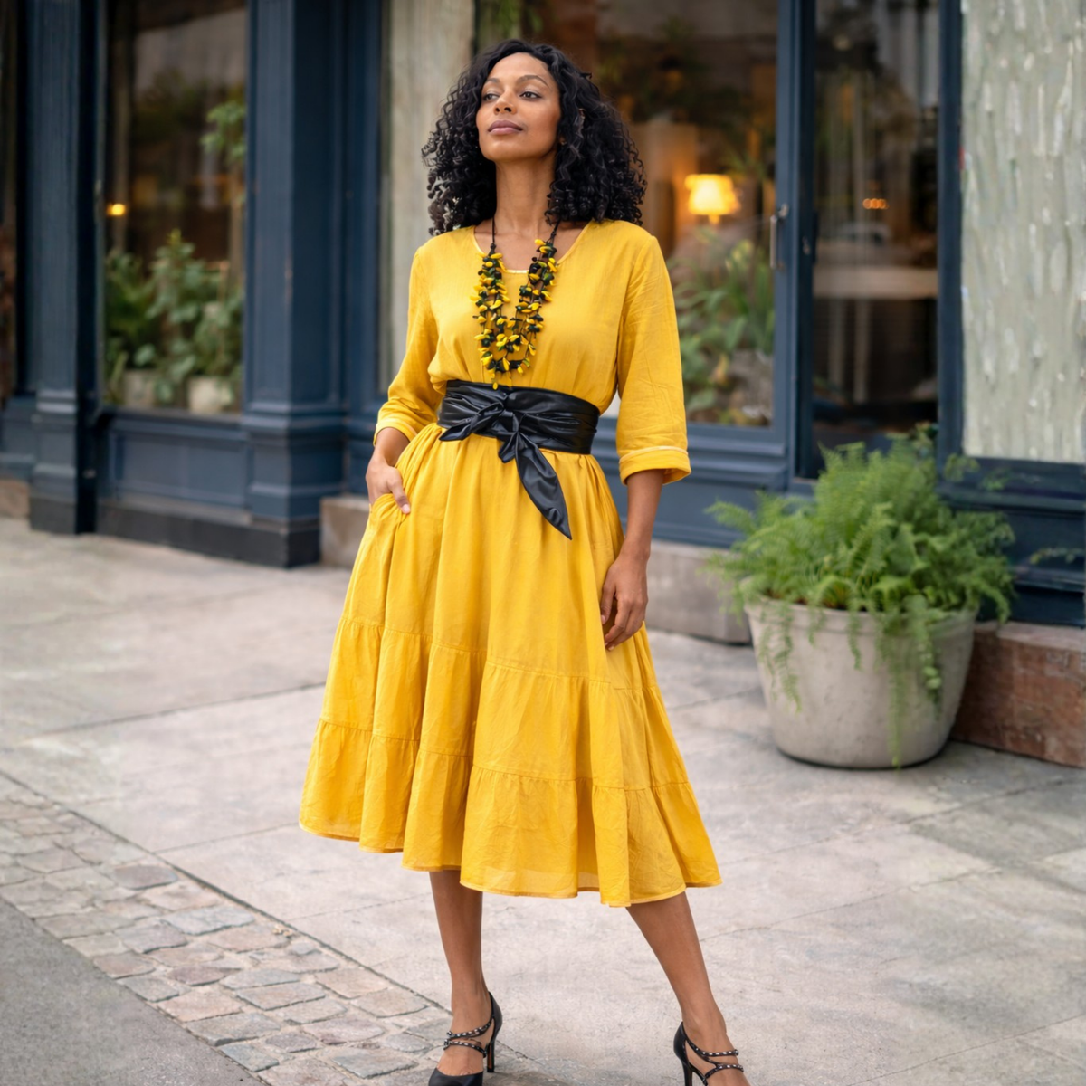 Kya Cotton Relaxed Tiered Satin Piped Dress