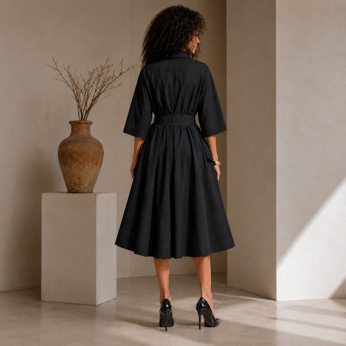Selena Black Cotton A-Line Midi Shirt Dress