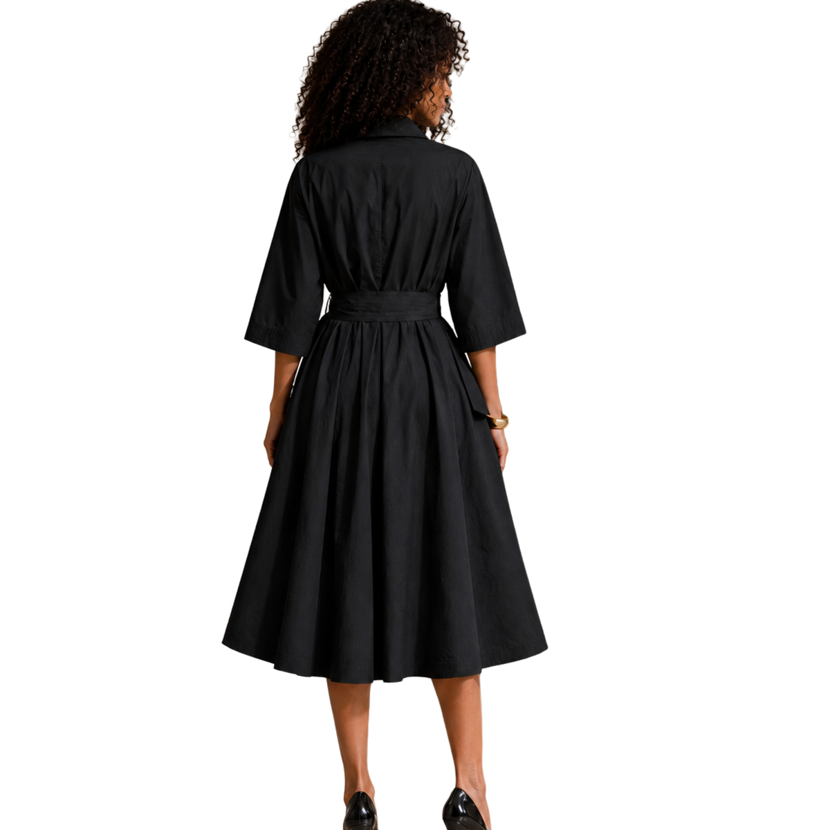 Selena Black Cotton A-Line Midi Shirt Dress