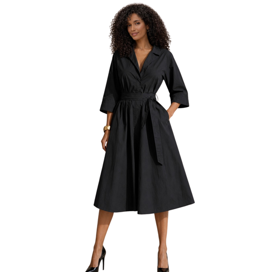Selena Black Cotton A-Line Midi Shirt Dress