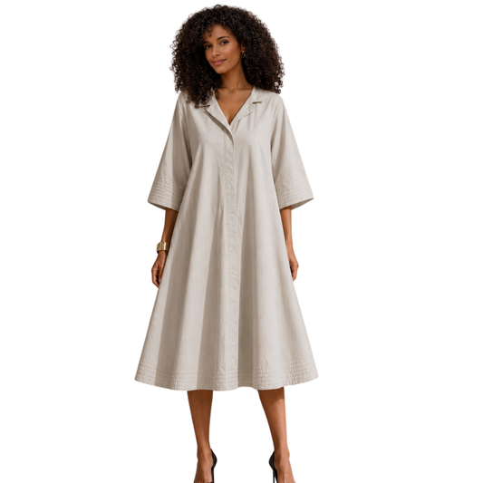 Selena Black Cotton A-Line Midi Shirt Dress