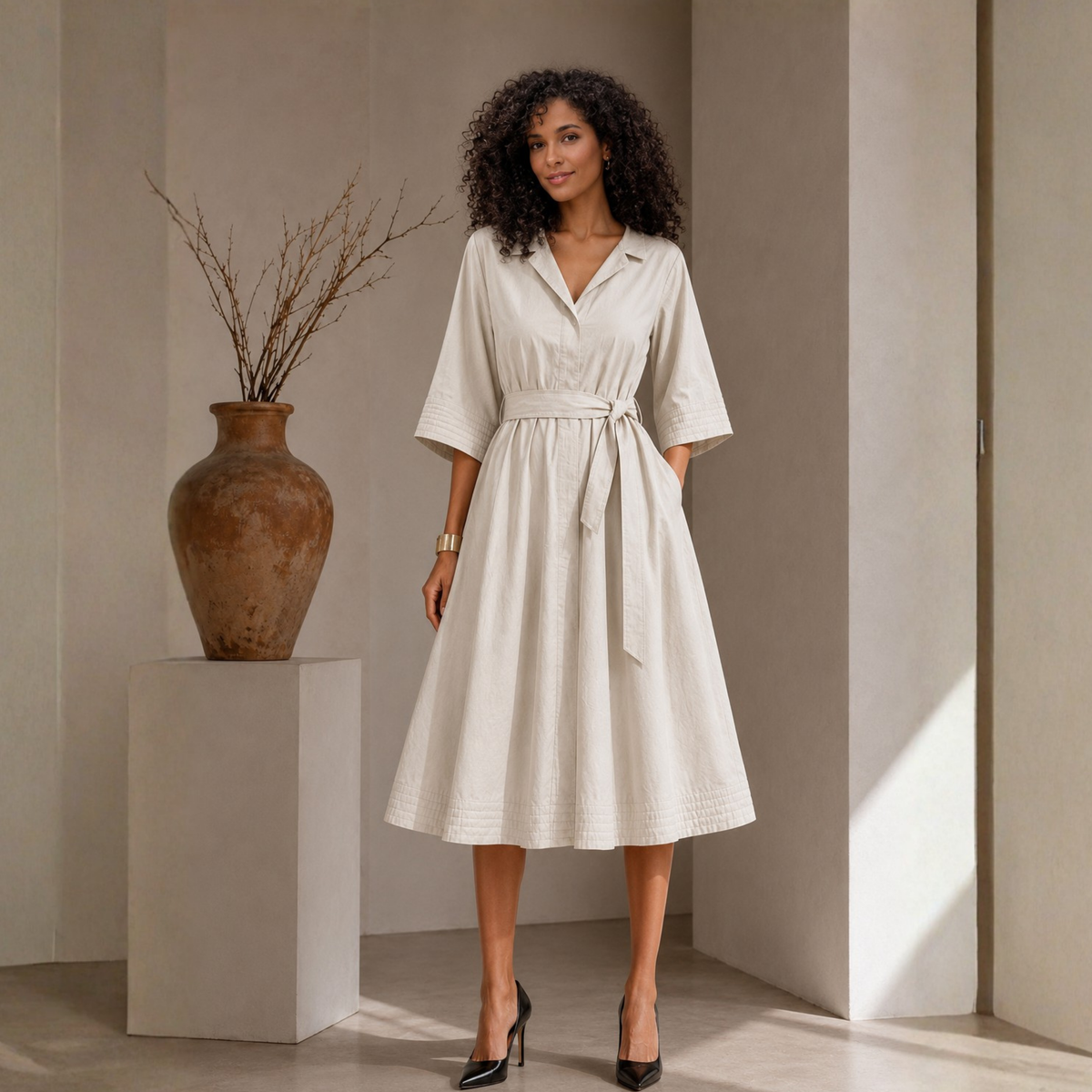Selena Black Cotton A-Line Midi Shirt Dress