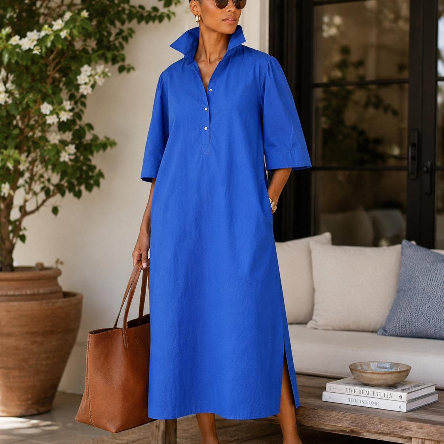 Naya Stretch Cotton Poplin Polo Midi Dress