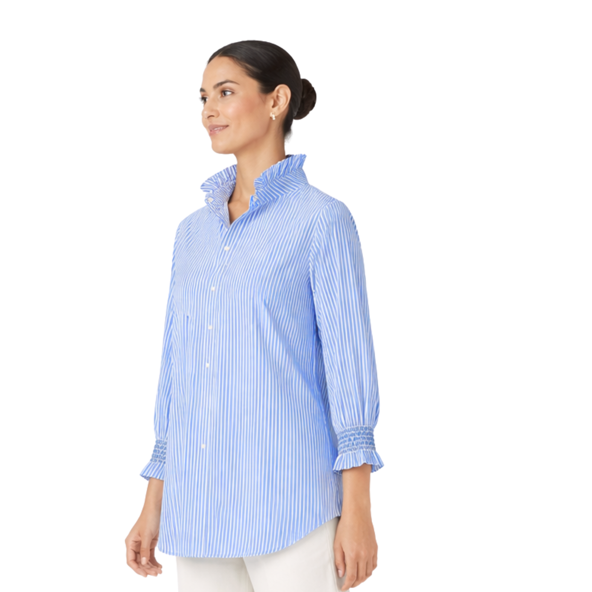 Veda Pinstripe Ruffle Elegance Blouse