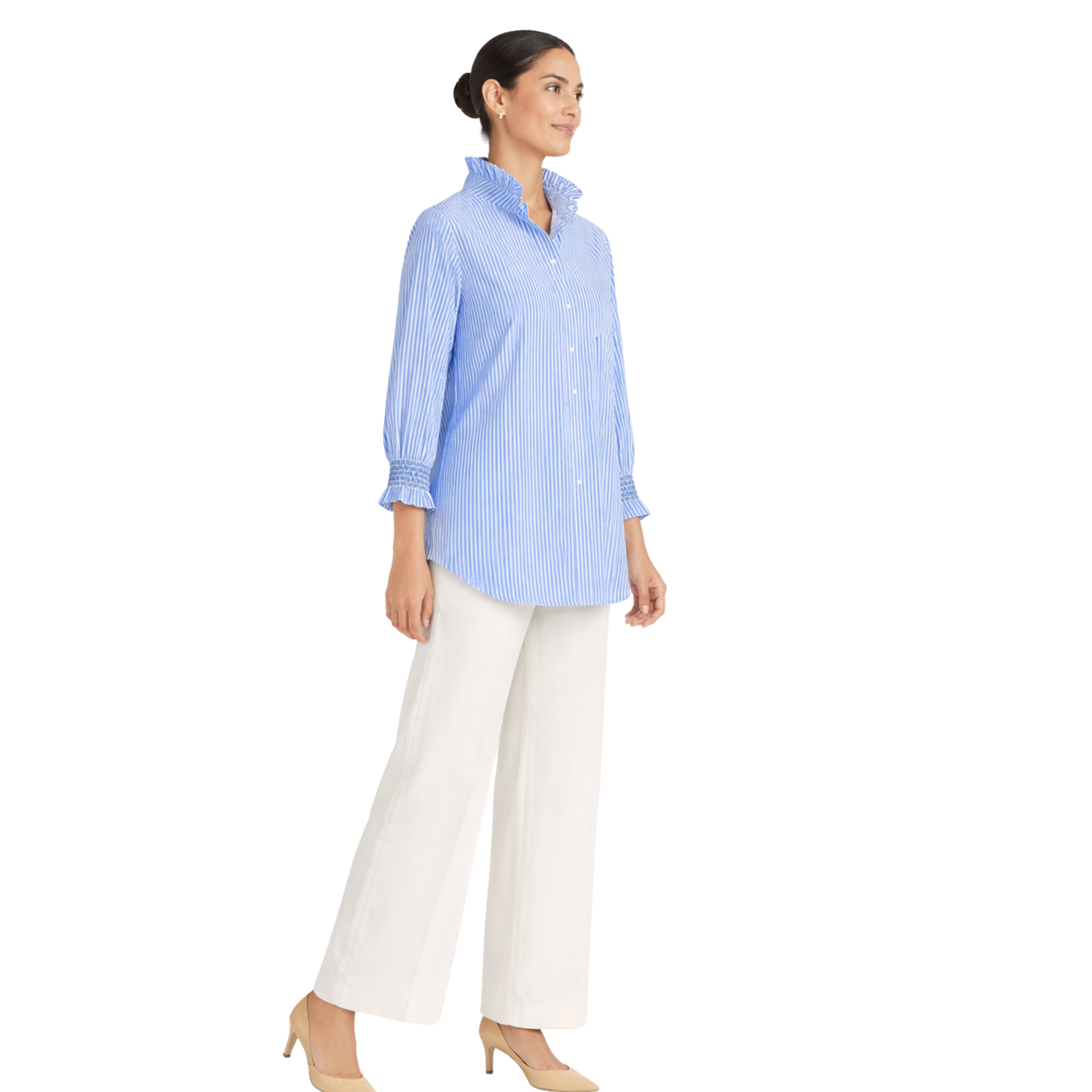 Veda Pinstripe Ruffle Elegance Blouse