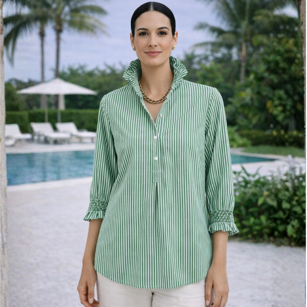 Veda Pinstripe Ruffle Elegance Blouse