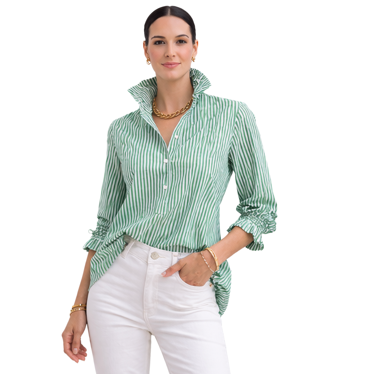 Veda Pinstripe Ruffle Elegance Blouse