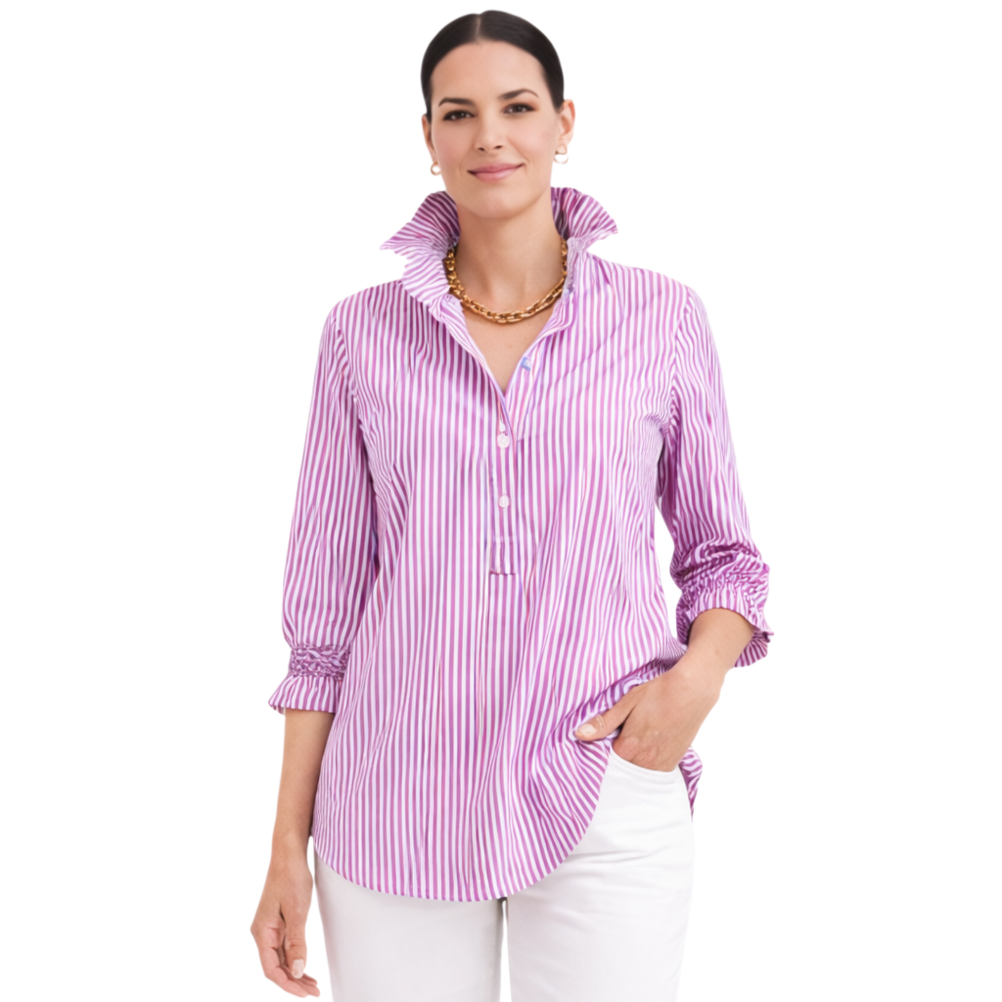 Veda Pinstripe Ruffle Elegance Blouse