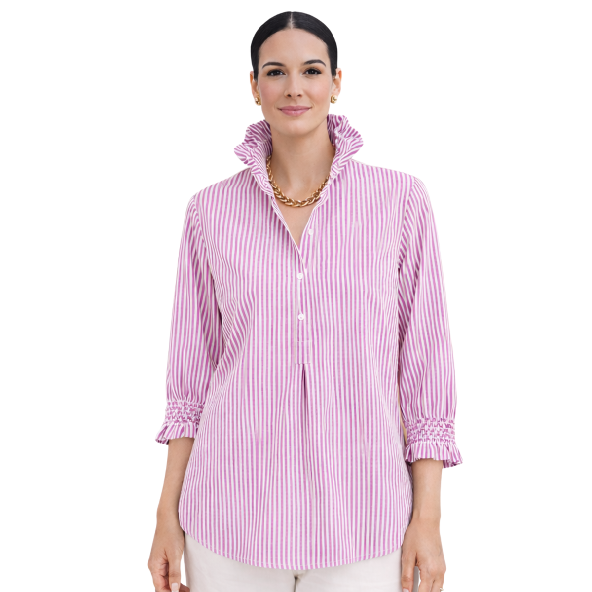 Veda Pinstripe Ruffle Elegance Blouse