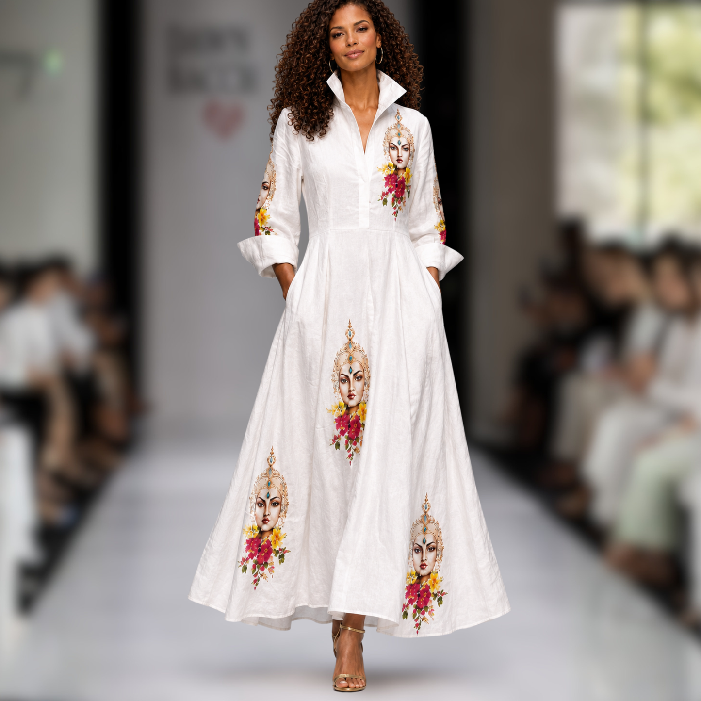 Mas Muse White Linen Artist-Print Maxi Shirt Dress | Clyde Thomas Carnival Collection
