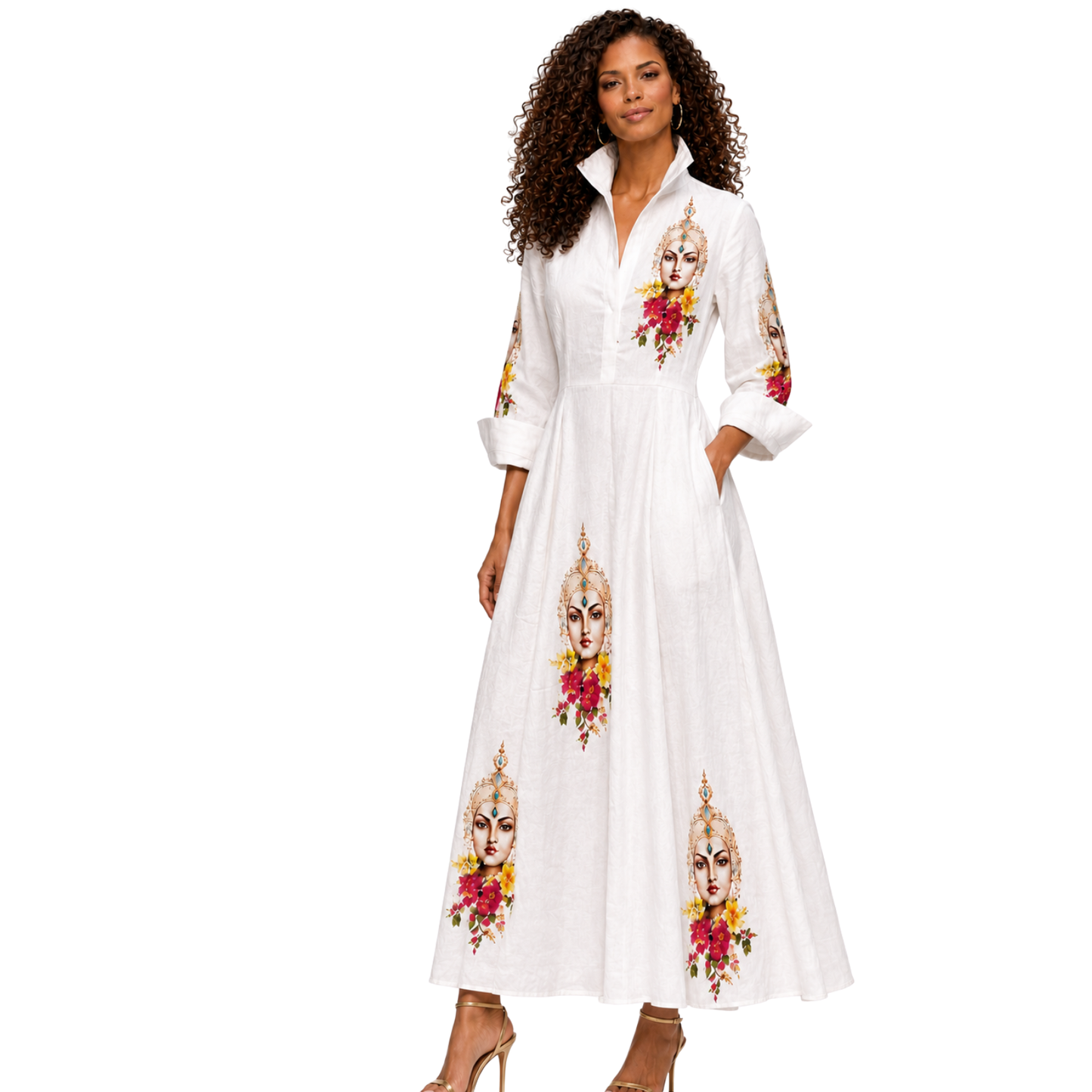 Mas Muse White Linen Artist-Print Maxi Shirt Dress | Clyde Thomas Carnival Collection