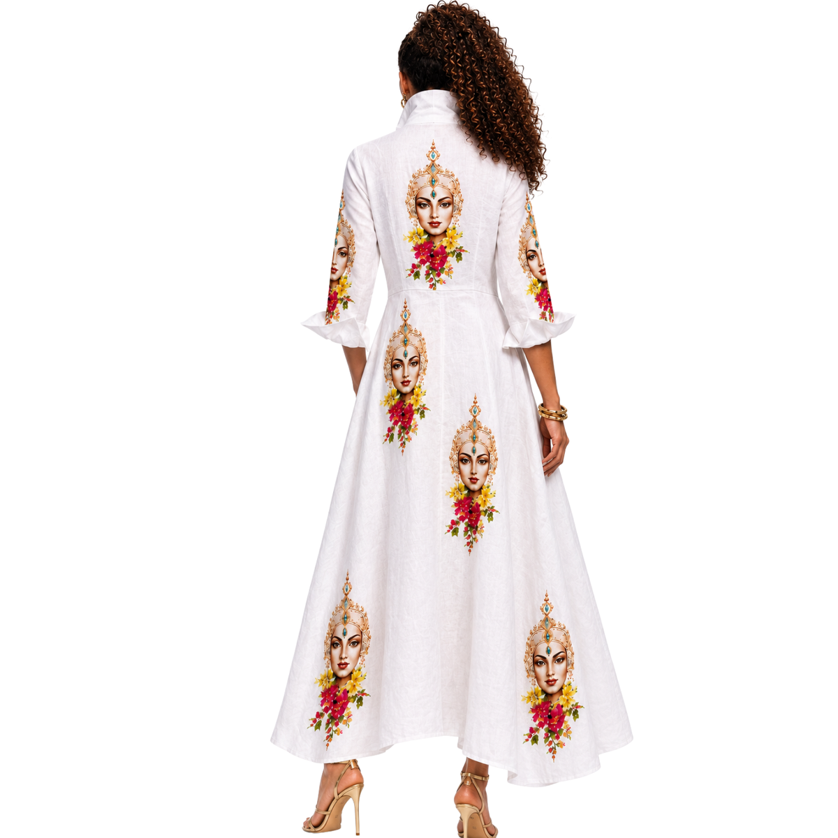 Mas Muse White Linen Artist-Print Maxi Shirt Dress | Clyde Thomas Carnival Collection