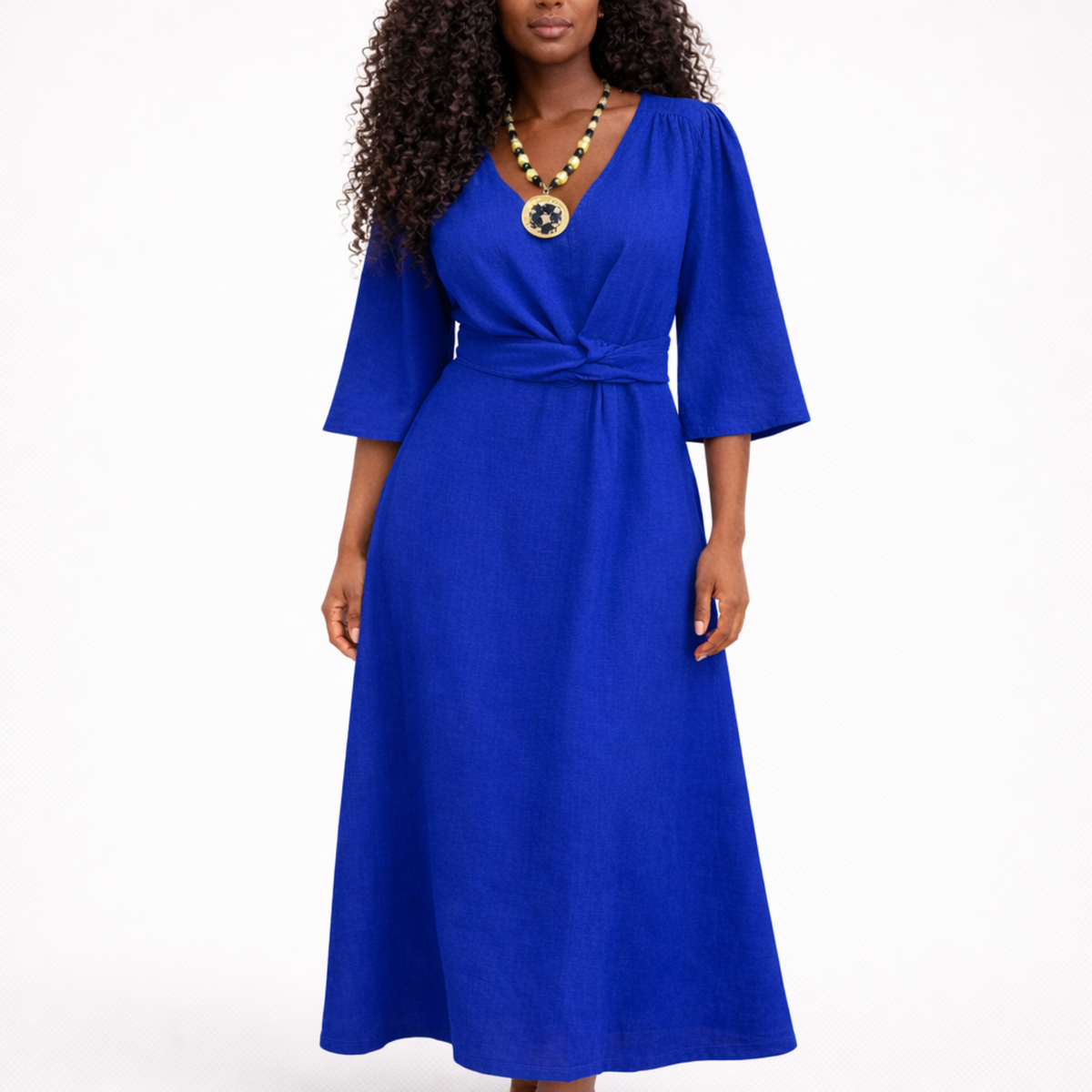 Azaria Signature Linen Wrap Midi Dress