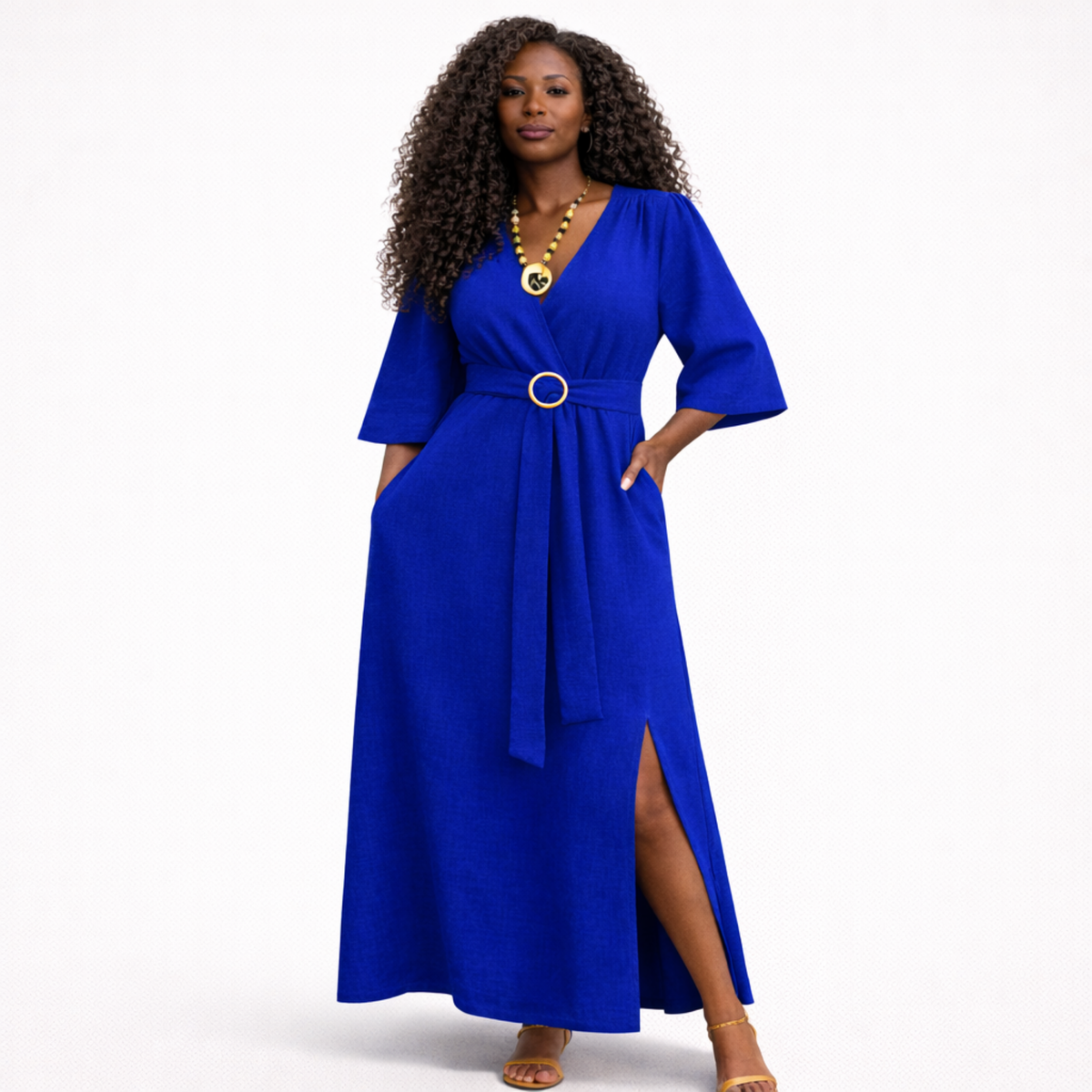 Azaria Signature Linen Wrap Midi Dress