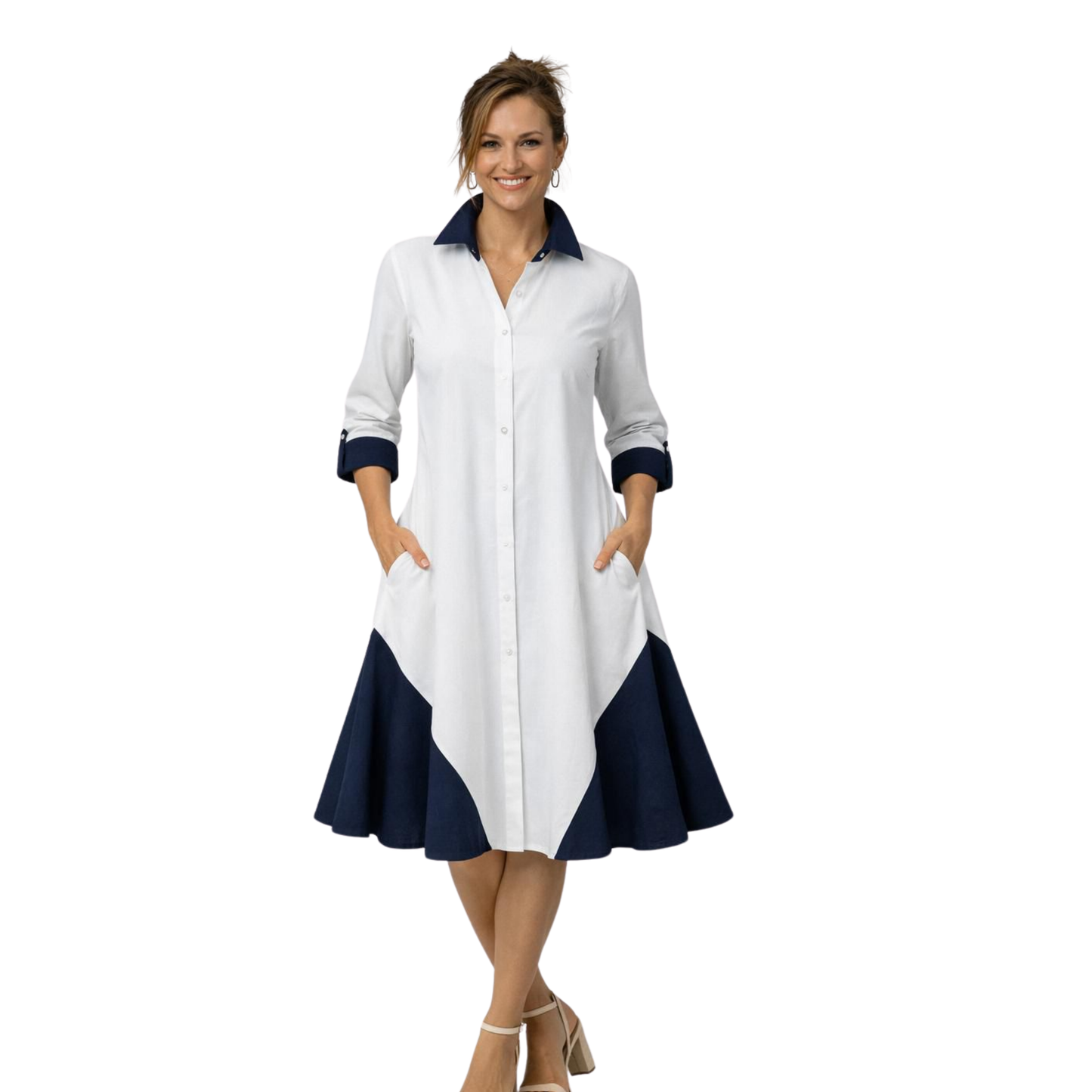 Linen Contrast-Godet Shirt Dress
