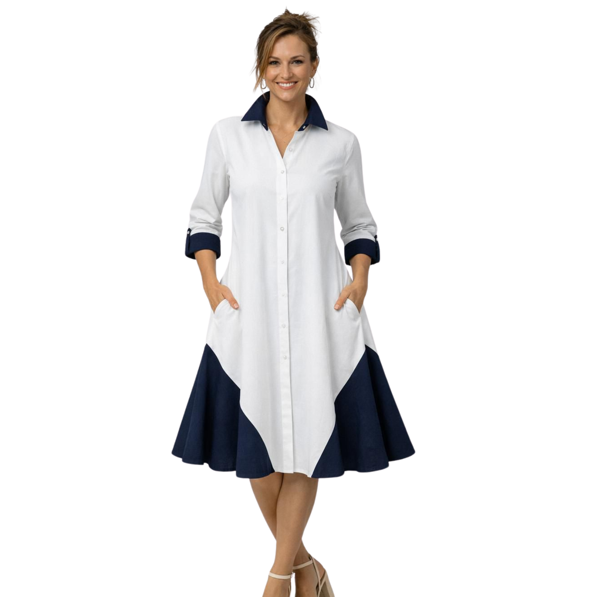 Zendaya Linen Contrast-Godet Shirt Dress