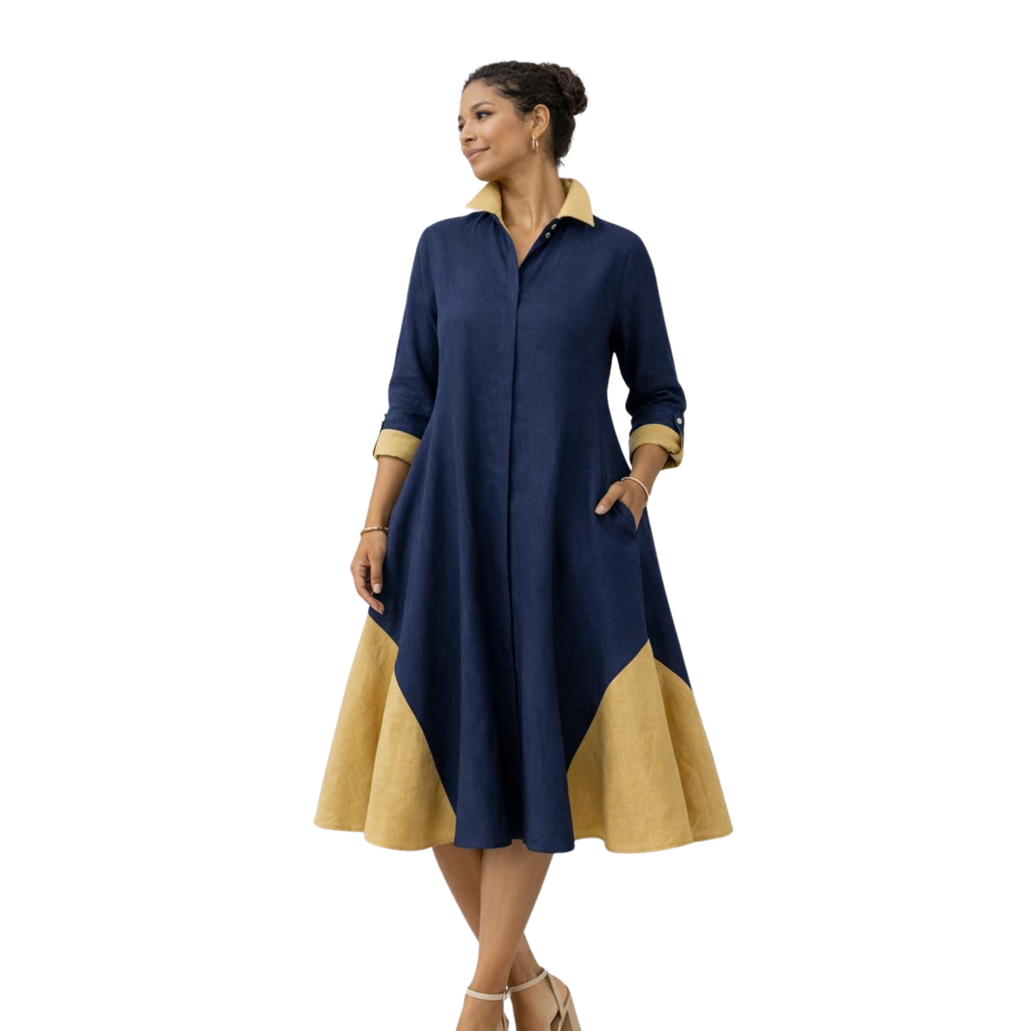 Linen Contrast-Godet Shirt Dress