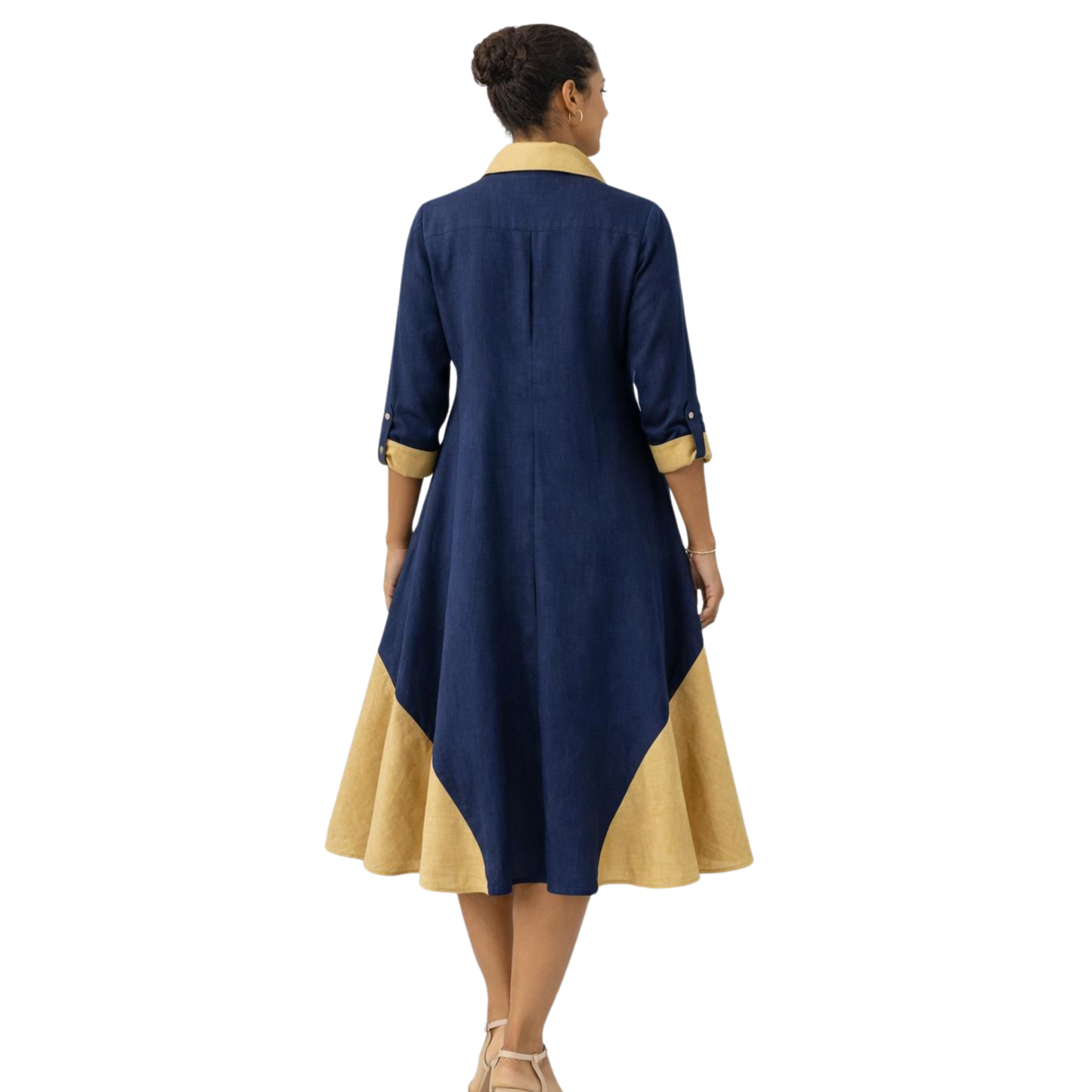 Linen Contrast-Godet Shirt Dress