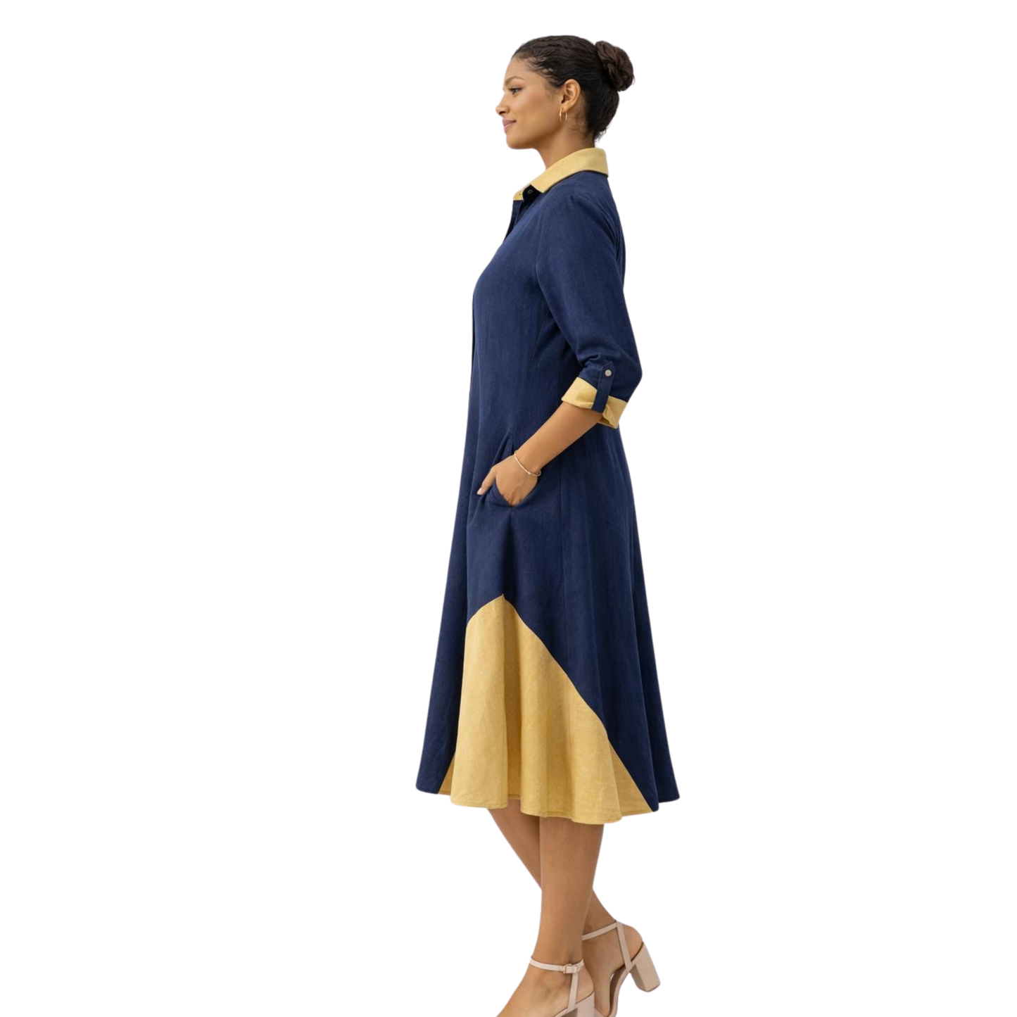 Linen Contrast-Godet Shirt Dress