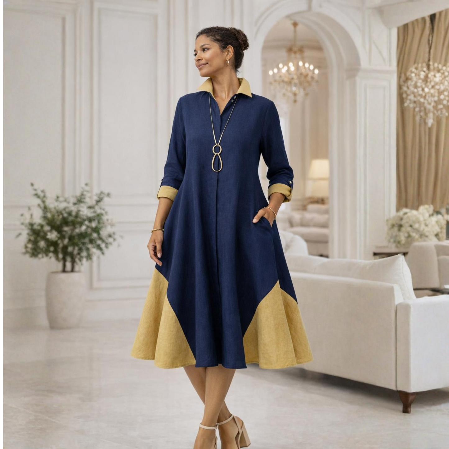 Linen Contrast-Godet Shirt Dress