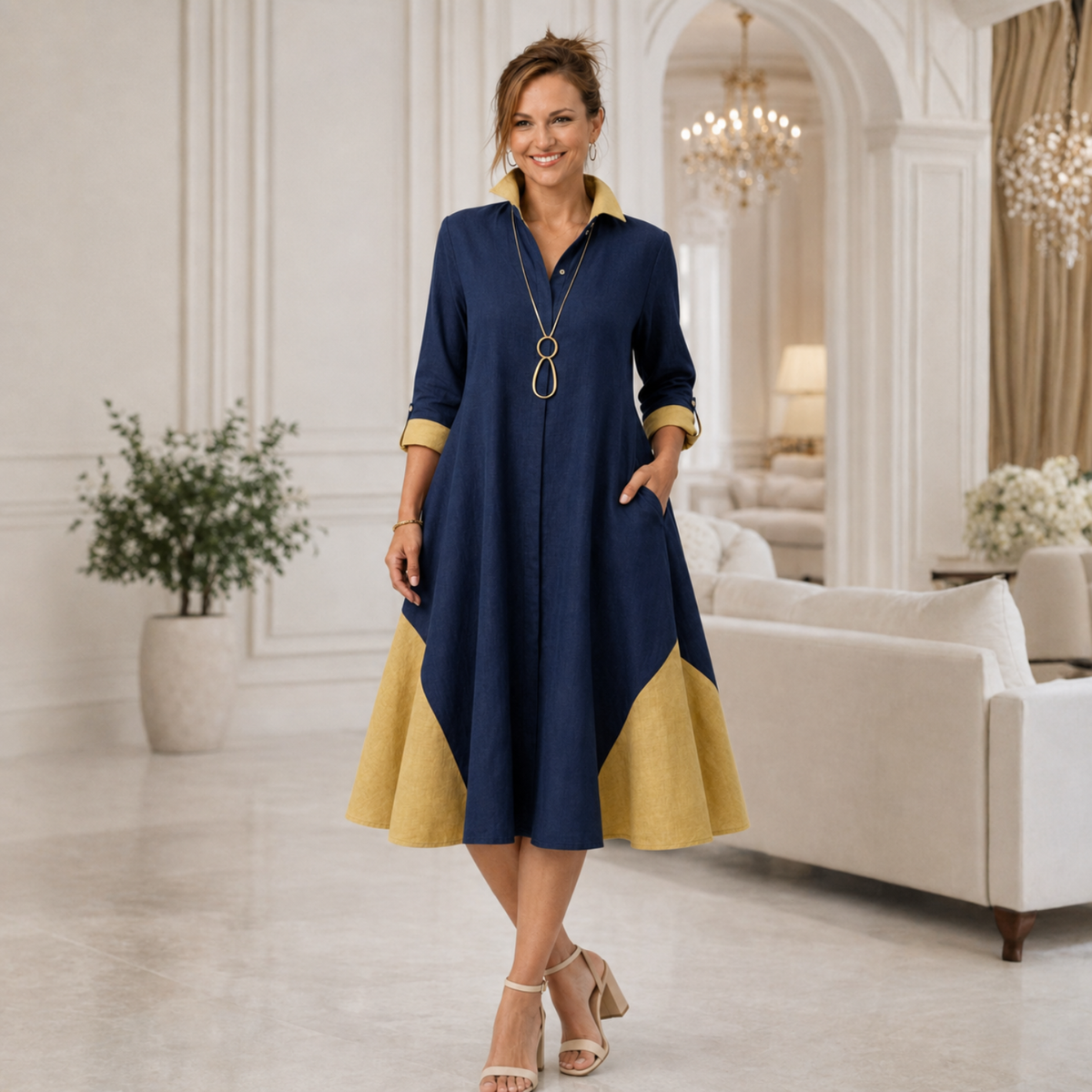 Zendaya Linen Contrast-Godet Shirt Dress