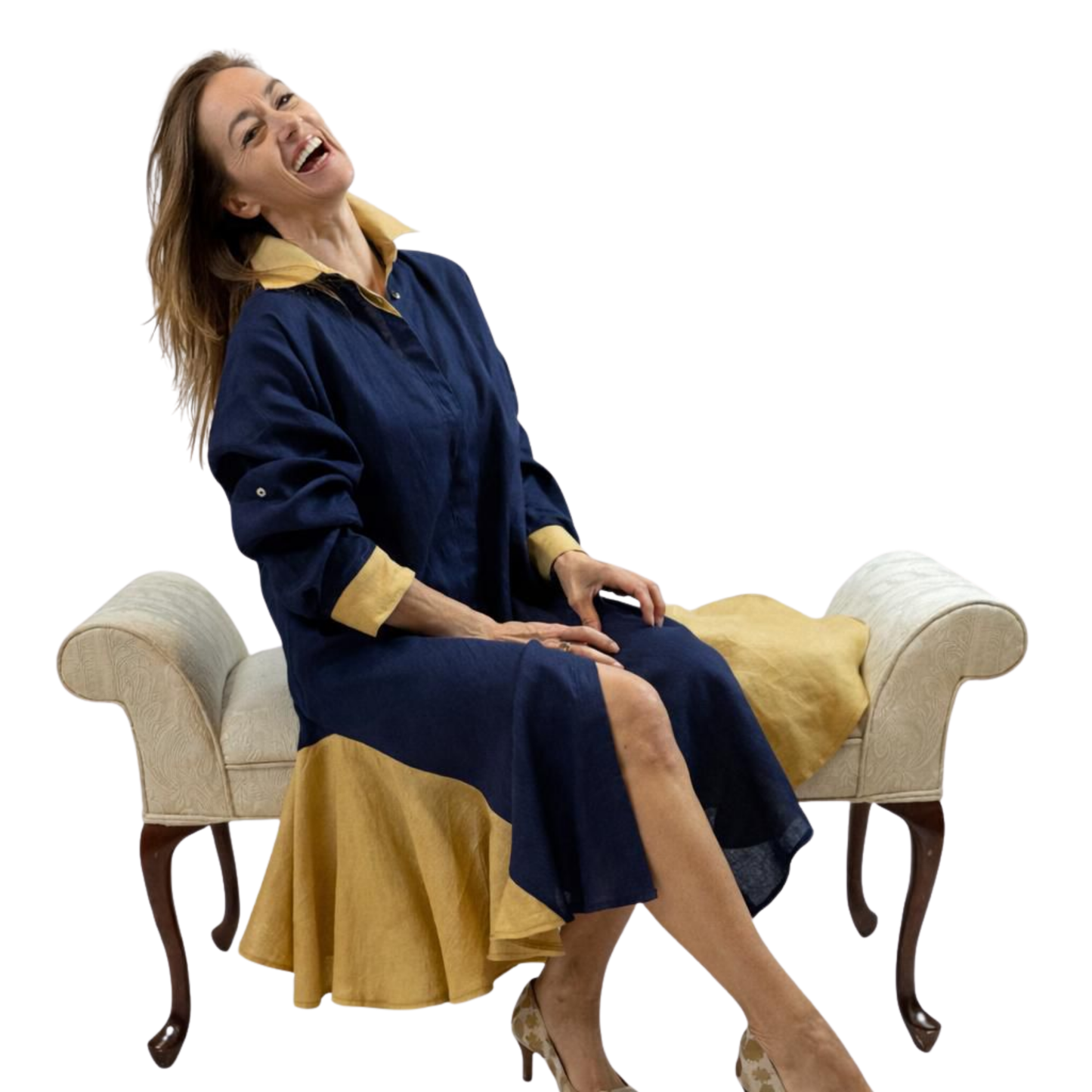 Linen Contrast-Godet Shirt Dress