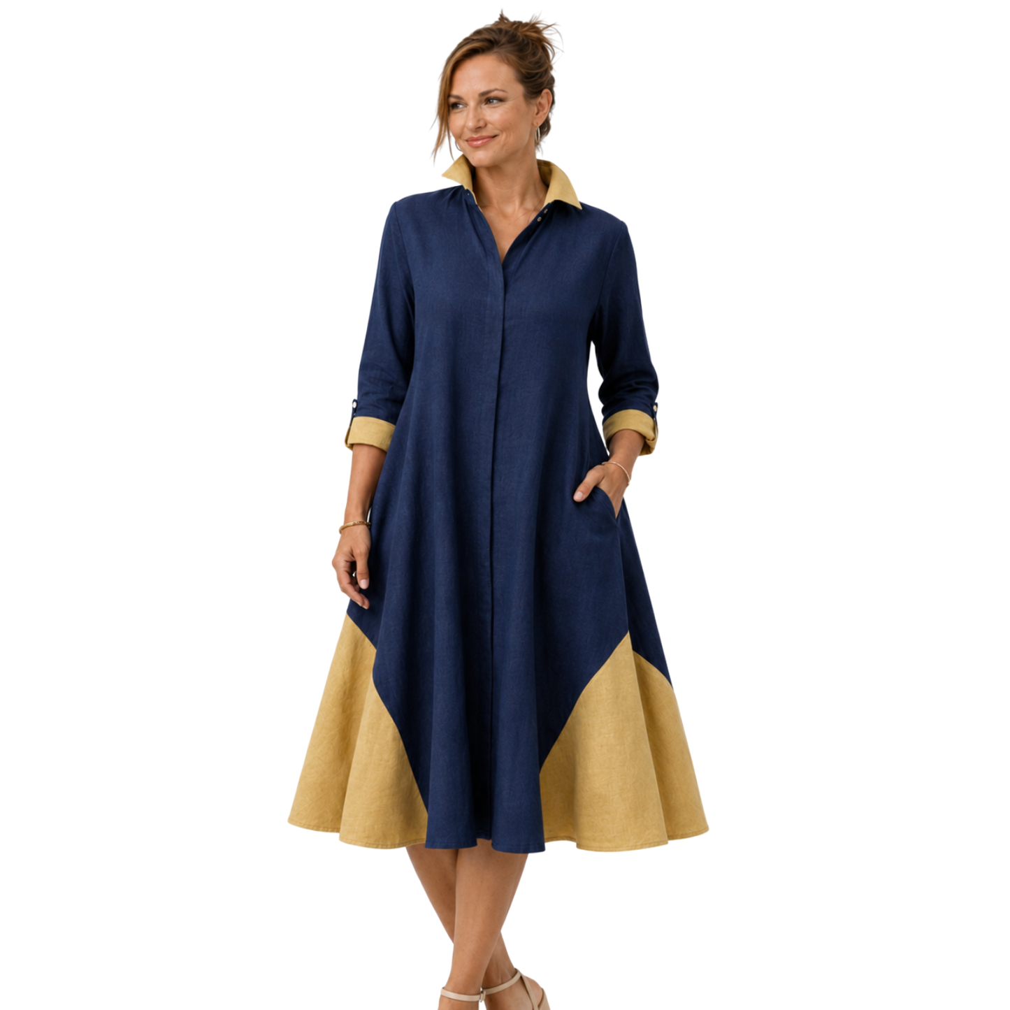 Zendaya Linen Contrast-Godet Shirt Dress