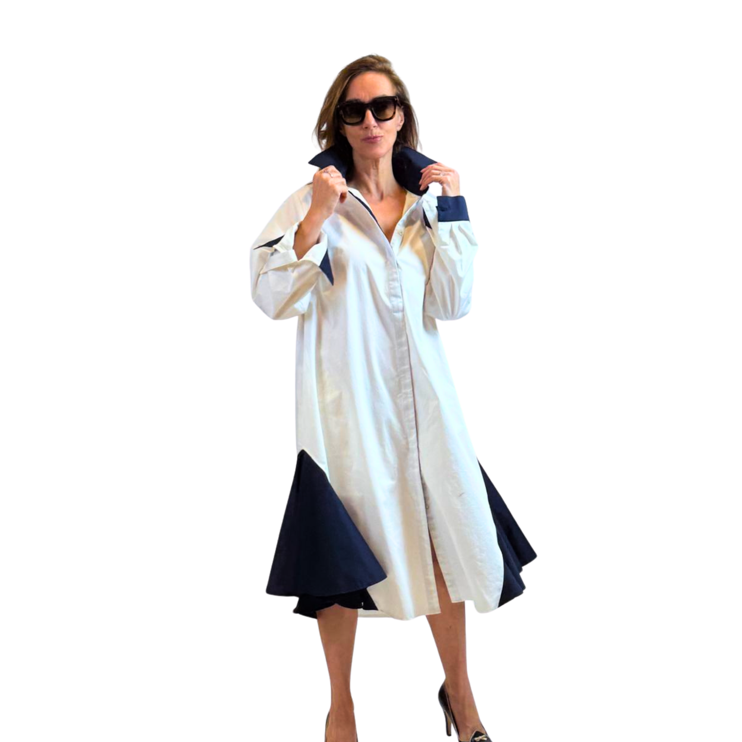 Linen Contrast-Godet Shirt Dress