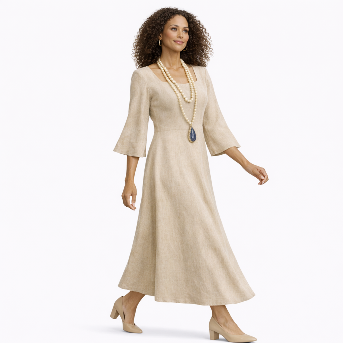 Azure Grace Linen Midi Dress