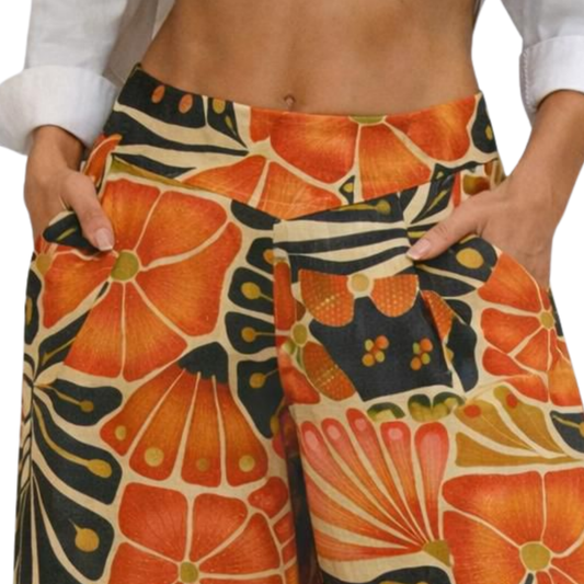Rachel Linen Palazzo Pants – Flat Front Wide Leg - Artist Prints