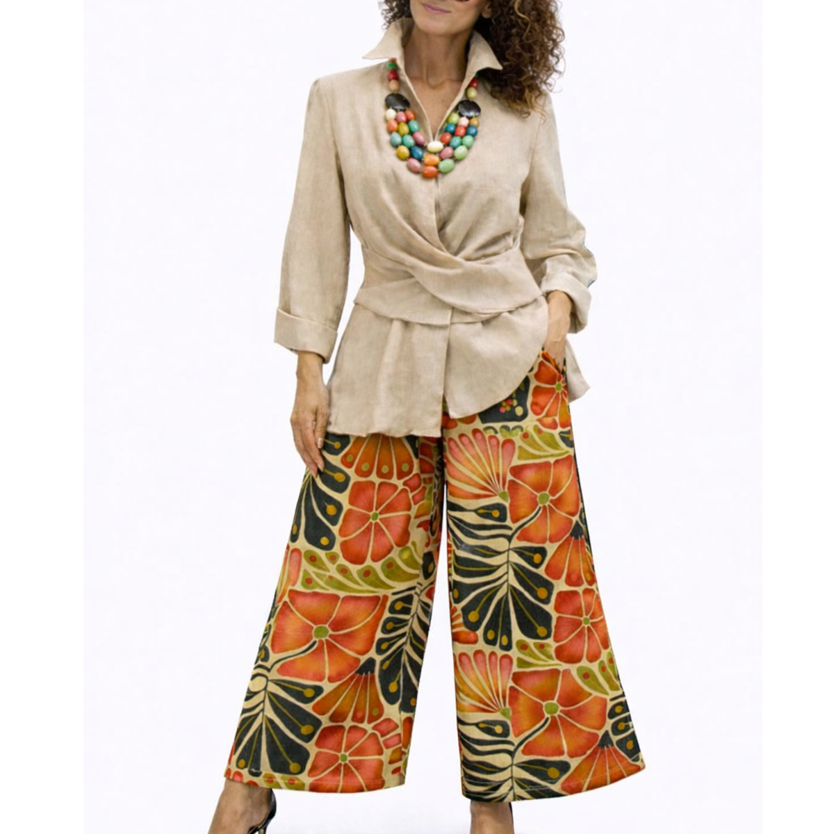 Rachel Linen Palazzo Pants – Flat Front Wide Leg - Artist Prints