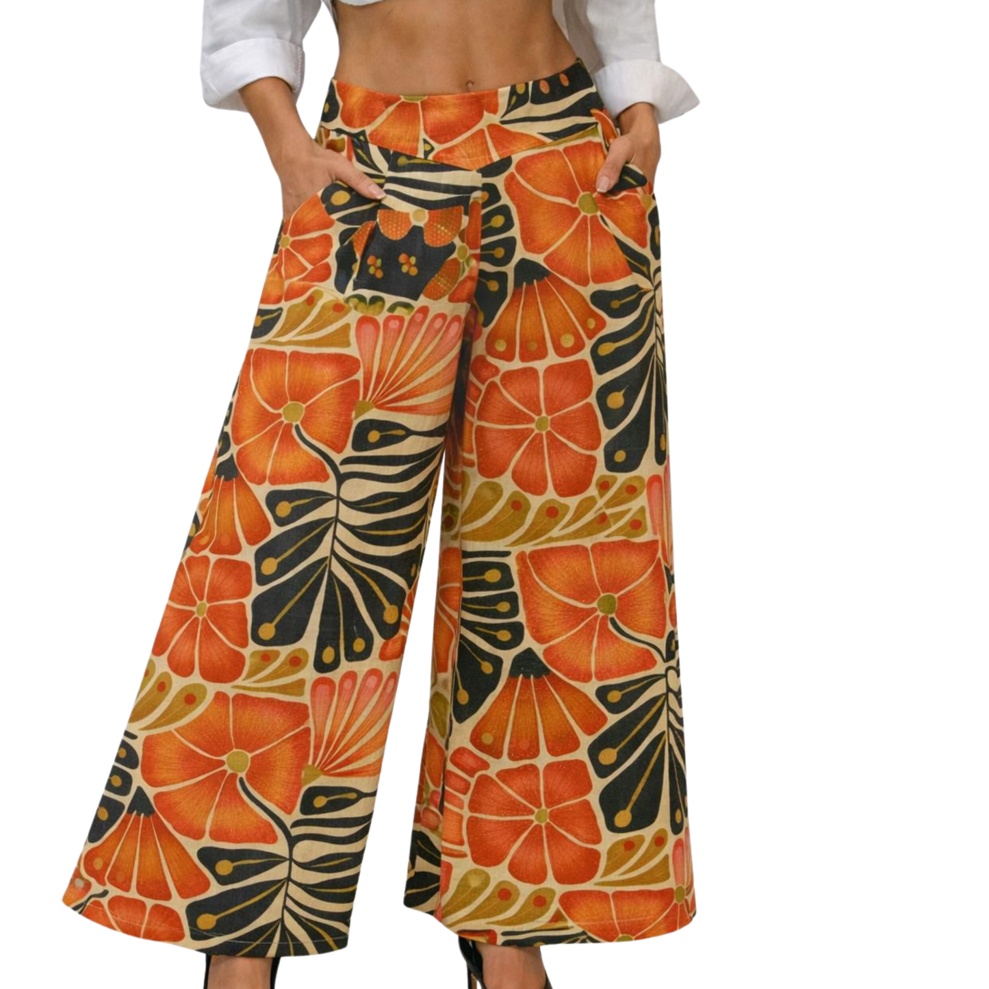 Rachel Linen Palazzo Pants – Flat Front Wide Leg - Artist Prints